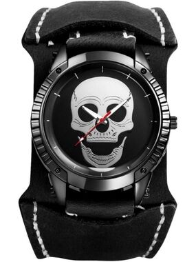 Men's Black Analog Quartz Steampunk Leather Gothic Skull Wide Cuff Wrist Watch